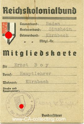 MITGLIEDSKARTE des Reichskolonialbundes. Ausgestellt...