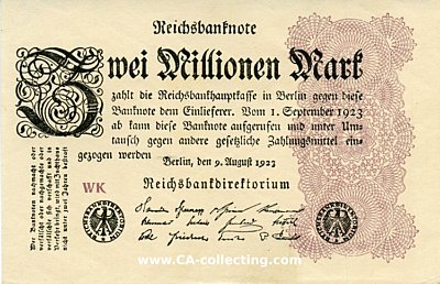 REICHSBANKNOTE ZWEI (2) MILLIONEN MARK 9. August 1923....