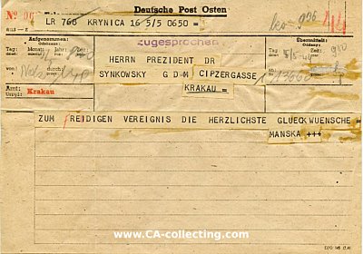 TELEGRAMM DEUTSCHE POST OSTEN DPO 345 vom 5.5. (1944) mit...