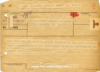 DEUTSCHE REICHSPOST TELEGRAMMFORMULAR C 187 aus 1944 vom...