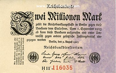 REICHSBANKNOTE ZWEI (2) MILLIONEN MARK 9. August 1923....