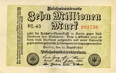 REICHSBANKNOTE ZEHN (10) MILLIONEN MARK 22. August 1923....
