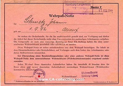 WEHRPASS-NOTIZ für Johann Schmetz, ausgestellt durch...