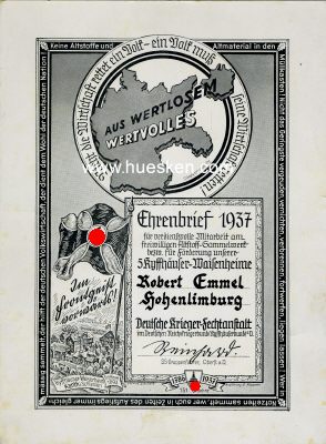 DEKORATIVE URKUNDE 'Ehrenbrief 1937 für...