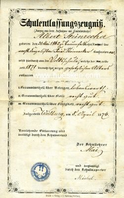 WEILBURG. Schulentlassungszeugnis 1876 der Volksschule...