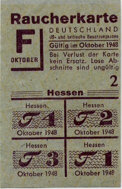 RAUCHERKARTE US-Besatzungszone Hessen Oktober 1948.