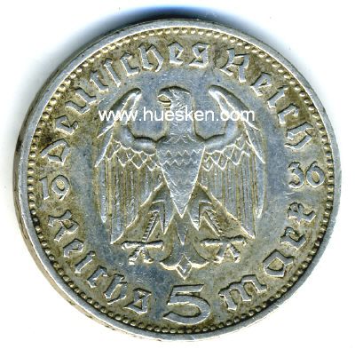 DEUTSCHES REICH. 5 Reichsmark 1936 J (Hindenburg) Silber...