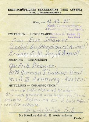 KRIEGSGEFANGENEN-BRIEF des Fritz Schawer vom 12.12.1945...