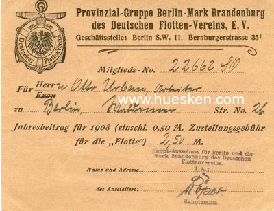 MITGLIEDSKARTE 1908 des Deutschen Flotten-Vereins,...