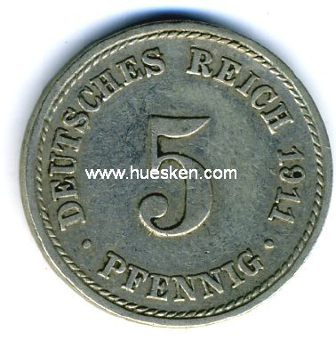 DEUTSCHES REICH. 5 Pfennig 1911 A, vz.