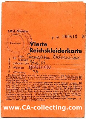 4. REICHSKLEIDERKARTE 1944 LWA Münster. Teils...
