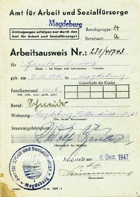 MAGDEBURG. Arbeitsausweis 1947.
