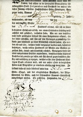 HOLZMINDEN. Lehrbrief 1803 der Bäckergilde für...