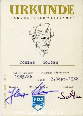 URKUNDE zum Hans-Beimler-Wettkampf 1988. 10,5x7,5cm.