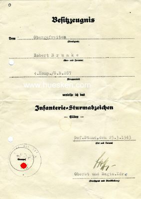 BESITZZEUGNIS zum Infanterie-Sturmabzeichen Silber...