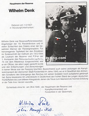 DENK, Wilhelm. Hauptmann des Heeres, Kampfkommandant von...