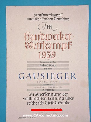 GAUSIEGER-URKUNDE im Handwerker Wettkampf 1939 wurde...