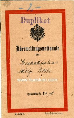 ÜBERWEISUNGSNATIONALE (MILITÄRPASS) JK 1914...