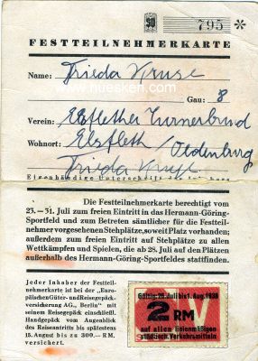 Photo 2 : TEILNEHMERKARTE zum Deutschen Turn und Sportfest 1938...