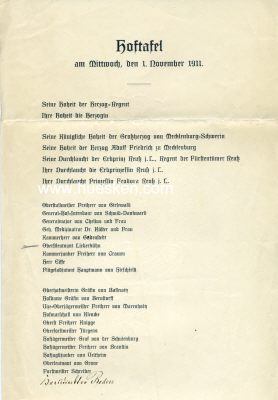 GÄSTELISTE zur Hoftafel am 1. November 1911