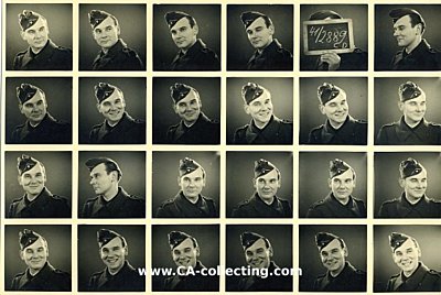 PHOTOBOGEN mit 24 Paßbildern eines Soldaten.