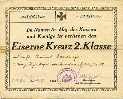 VERLEIHUNGSURKUNDE zum Eisernen Kreuz 2. Klasse 1914 an...