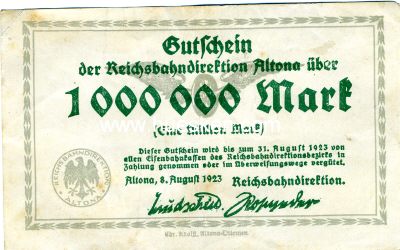 GUTSCHEIN 1 MILLION MARK Reichsbahndirektion Altona 8....