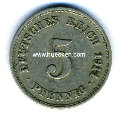 DEUTSCHES REICH. 5 Pfennig 1911 G, ss.