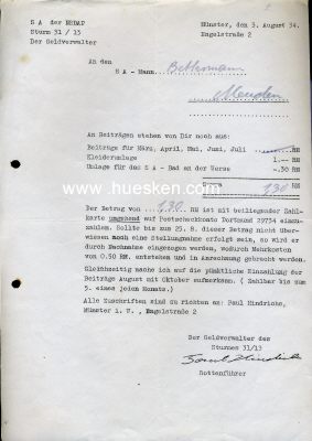 DIENSTSCHREIBEN des Sturm 31/13, Münster 1934 betr....