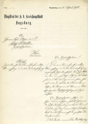 AUGSBURG - MAGISTRAT. Brief 1910 mit eigh. Unterschrift...