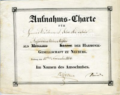 NEUBURG. Aufnahmeschein 1866 der Harmonie-Gesellschaft zu...
