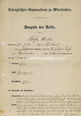 WIESBADEN. Zeugnis der Reife 1908 des Königlichen...
