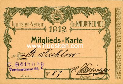 TOURISTENVEREIN DIE NATURFREUNDE. Mitgliedskarte 1912,...