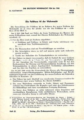 DIE FELDHOSE 44 DER WEHRMACHT. Dr. K.-G.Klietmann. Verlag...