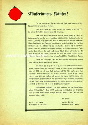 FLUGBLATT UM 1933 'Käuferinnen, Käufer!' der...