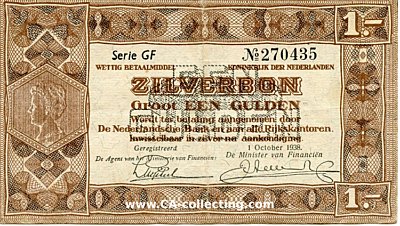 NIEDERLANDE. ZILVERBON GROOT EEN (1) GULDEN 1938.