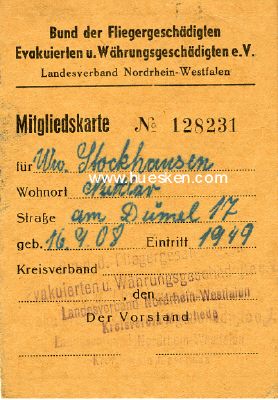 NORDRHEIN-WESTFALEN. Mitgliedskarte 1949 Nr. 128231 des...