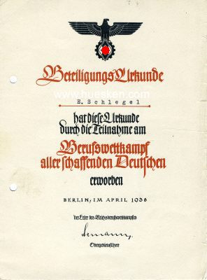 BETEILIGUNGS-URKUNDE zum Reichsberufswettkampf 1936. A5,...