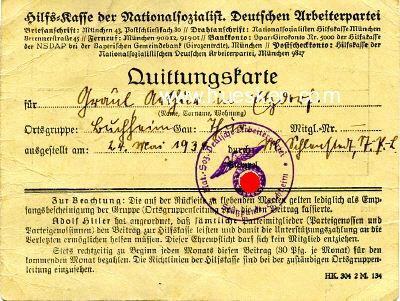 QUITTUNGSKARTE der NSDAP-Hilfskasse, Ortsgruppe Buchheim...