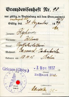 Photo 2 : GRENZDEVISENHEFT NR. 98 ausgestellt Griesen 1937. 24...
