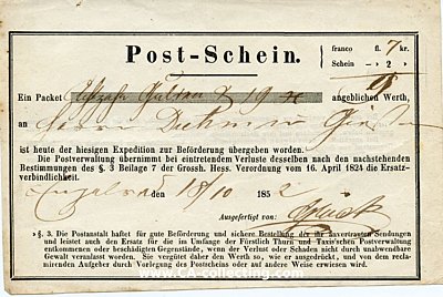 POST-SCHEIN 1852 über ein Paket nach Gießen /...