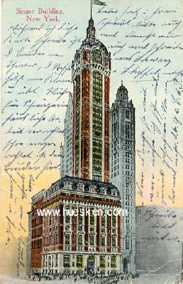 FARB-POSTKARTE 'Singer Building New York'. 1914 gelaufen,...