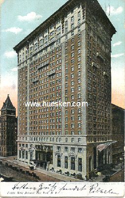 FARB-POSTKARTE 'Hotel Belmont New York'. 1907 gelaufen.