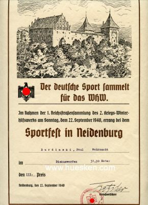 DEKORATIVE SIEGERURKUNDE 'Der deutsche Sport sammelt...