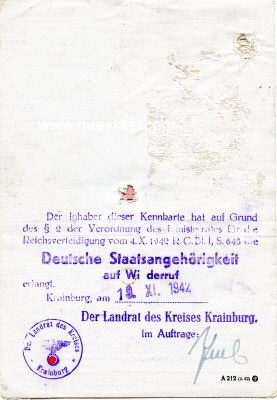 Foto 3 : KENNKARTE DEUTSCHES REICH ausgestellt Krainburg 1942...