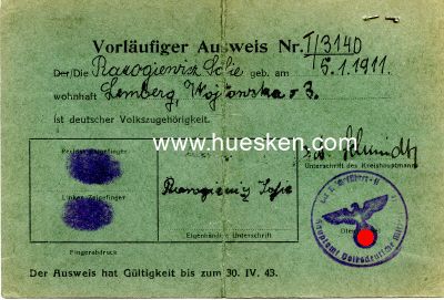 VORLÄUFIGER AUSWEIS NR. I/3140 ausgestellt 1943...