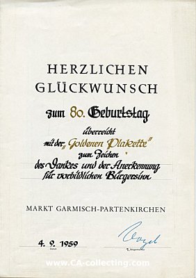 GARMISCH-PARTENKIRCHEN. Urkunde zur 'Goldenen Plakette',...
