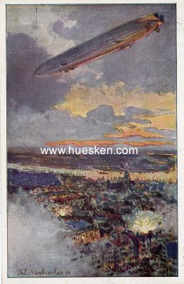 FARB-POSTKARTE 'Zeppelin über Antwerpen' nach einem...