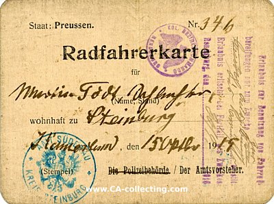 SÜDERAU / STEINBURG. Radfahrerkarte (Ausweis)...