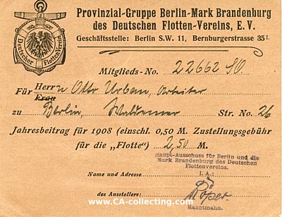 DEUTSCHER FLOTTEN-VEREIN. Mitgliedskarte 1908 für...